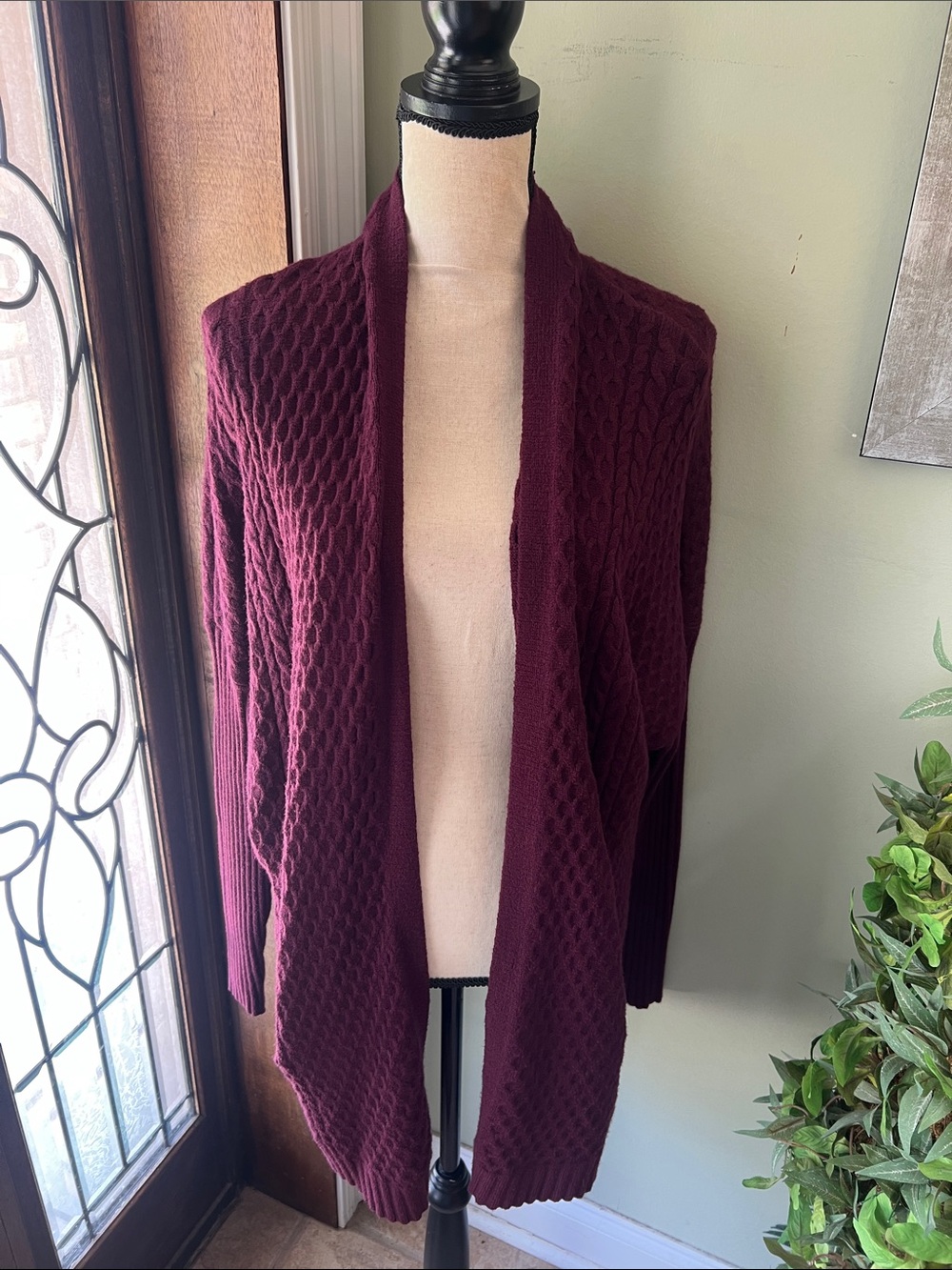 Belldini Open-Front Cable Knit Cardigan - Burgundy